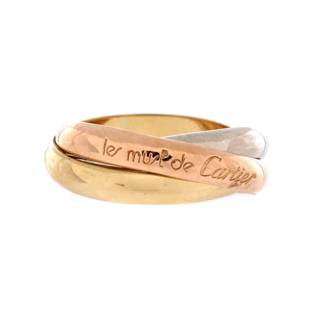 Cartier Les Must de Cartier Trinity Ring 18K Tricolor Gold: Little needs saying about the Les Must de Cartier Trinity Ring: 18K Tricolor Gold, three interlocking bands in the line's tricolor arrangement. Tricolor gold is the original arrangement and remains th