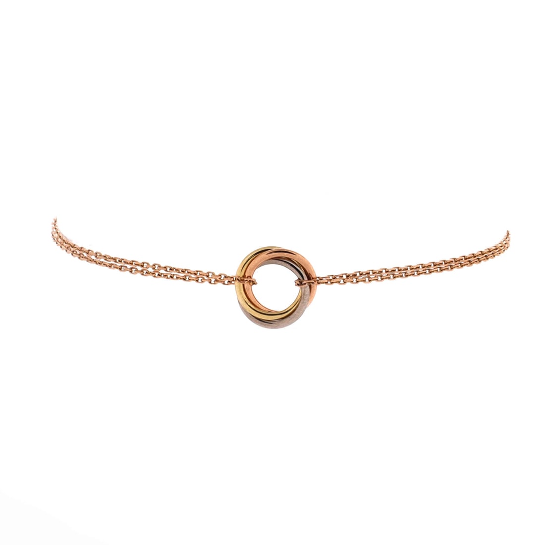 Cartier Trinity Chain Bracelet 18K Tricolor Gold: The Trinity Chain Bracelet, 18K Tricolor Gold, from Cartier - three interlocking bands in the line's tricolor arrangement. The Trinity's three bands move independently, which is both the design and