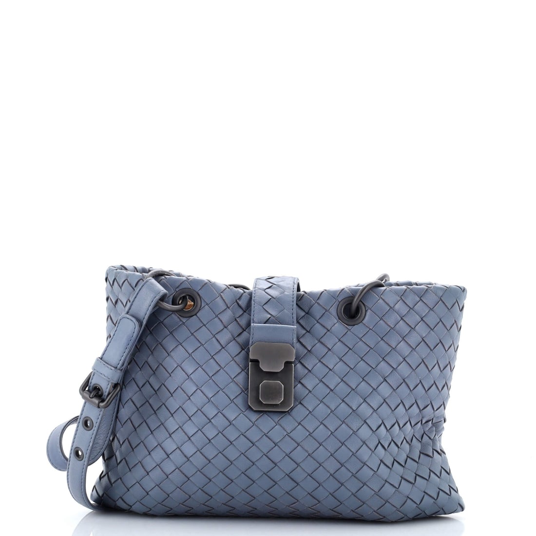 Bottega Veneta Roma Bag Intrecciato Nappa: Bottega Veneta Roma Bag, built in Intrecciato Nappa, a wide woven body with an open top and a shallow profile. The wide, low body sits under the arm without pulling the shoulder. Proportions are 11"