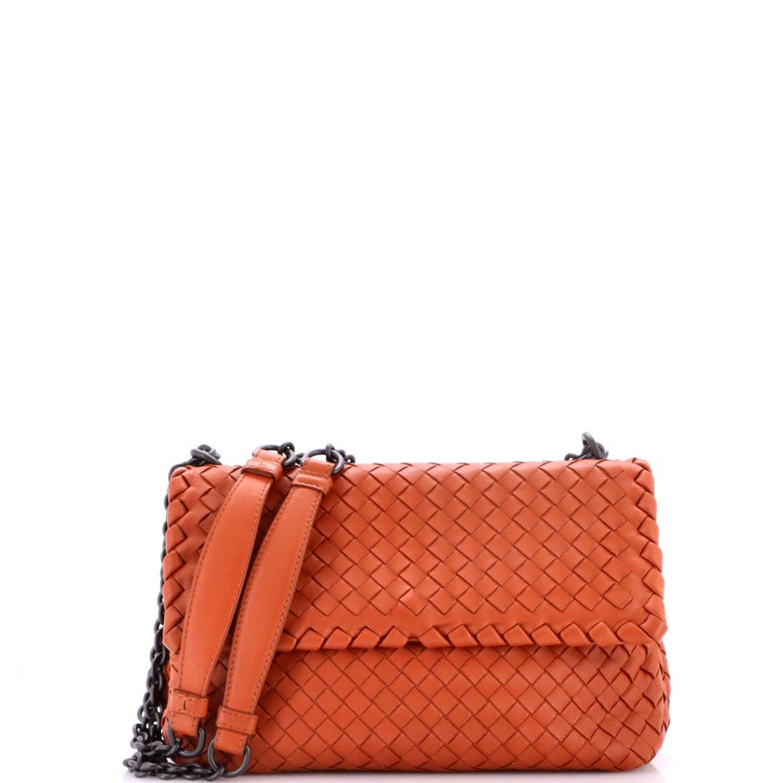 Bottega Veneta Olimpia Crossbody Bag Intrecciato Nappa: Bottega Veneta Olimpia Crossbody Bag in Intrecciato Nappa, a structured flap body with a chain-and-leather strap over woven nappa. The Olimpia is Bottega's answer to the classic chain flap, and it doe