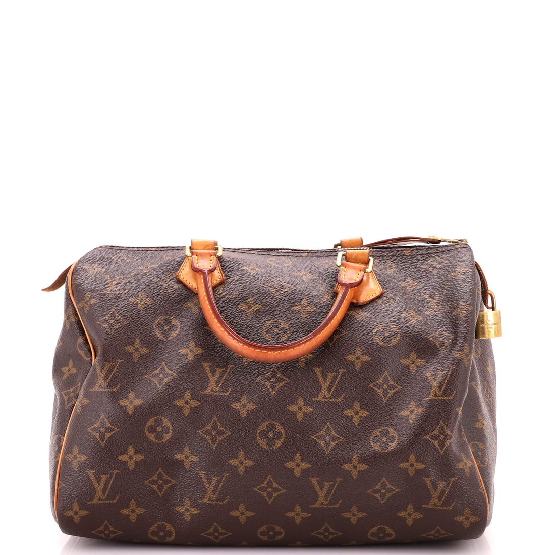 Louis Vuitton Speedy Handbag Monogram Canvas: Speedy Handbag in Monogram Canvas: the soft-sided barrel shape that collapses flat and springs back when filled. Rolled handles and vachetta trim are what bidders inspect first on this model, and they