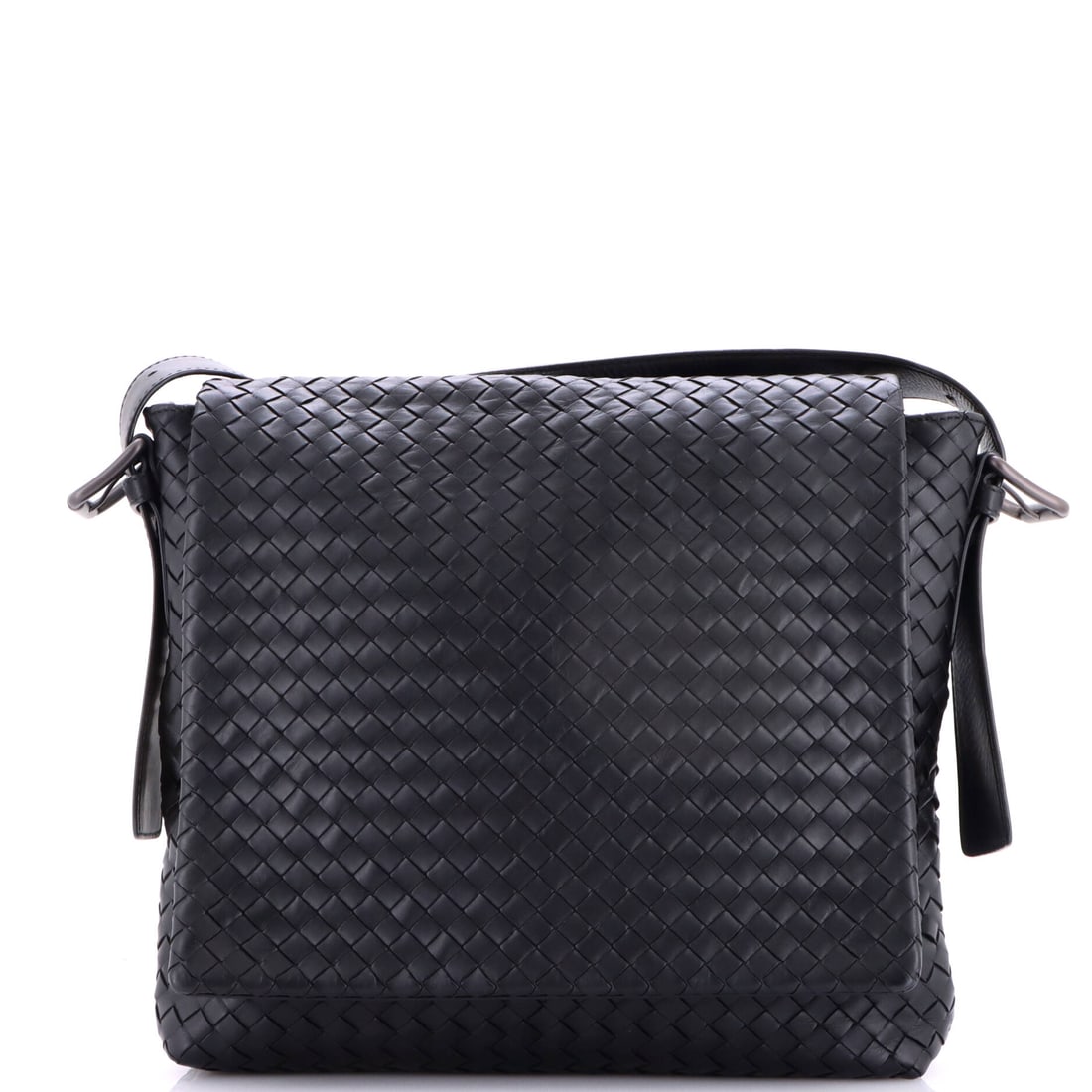 Bottega Veneta Square Flap Messenger Bag Intrecciato Nappa: Bottega Veneta's Square Flap Messenger Bag in Intrecciato Nappa - a flat-backed body sized for a tablet. Strap hardware takes the weight on a messenger and is worth a close look. Proportions are 11" W