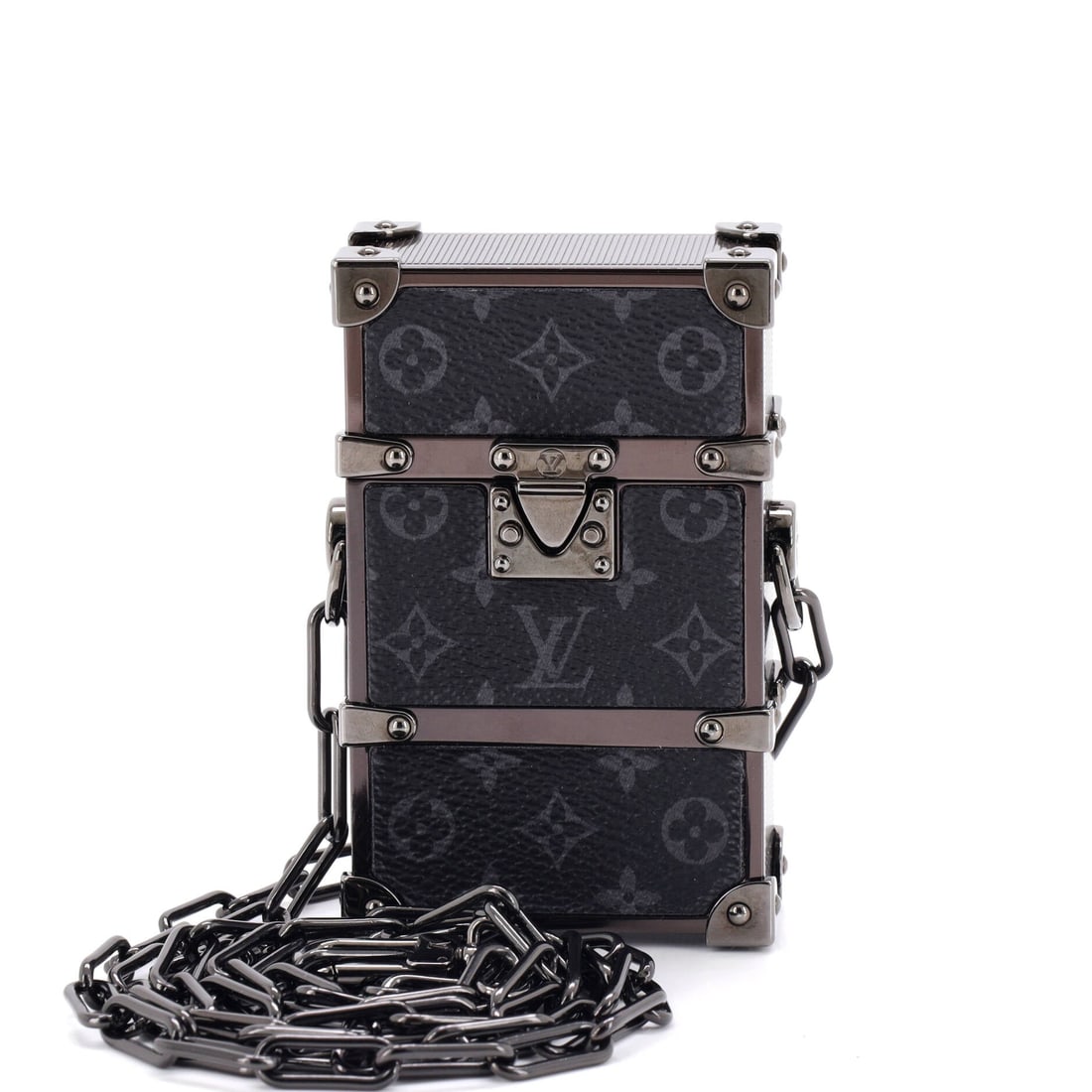 Louis Vuitton Trunk Box Pouch Monogram Eclipse Canvas: Louis Vuitton Trunk Box Pouch in Monogram Eclipse Canvas, showing flat panels with a leather zip pull. Small leather goods show handling fastest, so a strong grade matters here. Bidders should note th