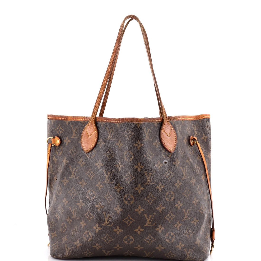 Louis Vuitton Neverfull Tote Monogram Canvas: The Neverfull Tote by Louis Vuitton, Monogram Canvas, a squared tote that widens at the top and laces in at the sides. Corners and handle bases are where a Neverfull shows its years. Proportions are