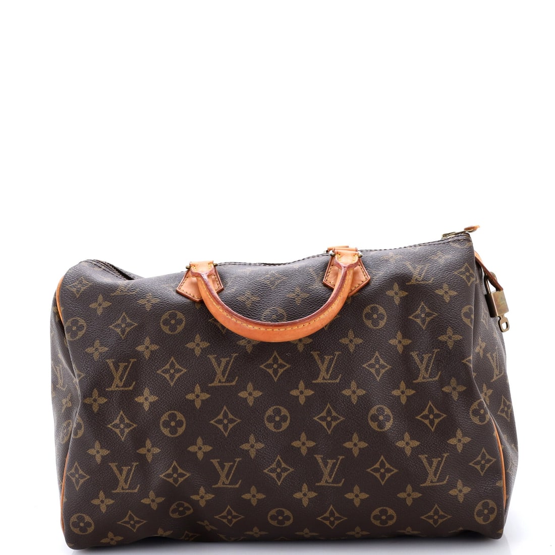 Louis Vuitton Speedy Handbag Monogram Canvas: Speedy Handbag from Louis Vuitton, Monogram Canvas, the soft-sided barrel shape that collapses flat and springs back when filled. Scale is 14" W by 9" H by 7" D. The condition is Grade F - Poor. Maiso