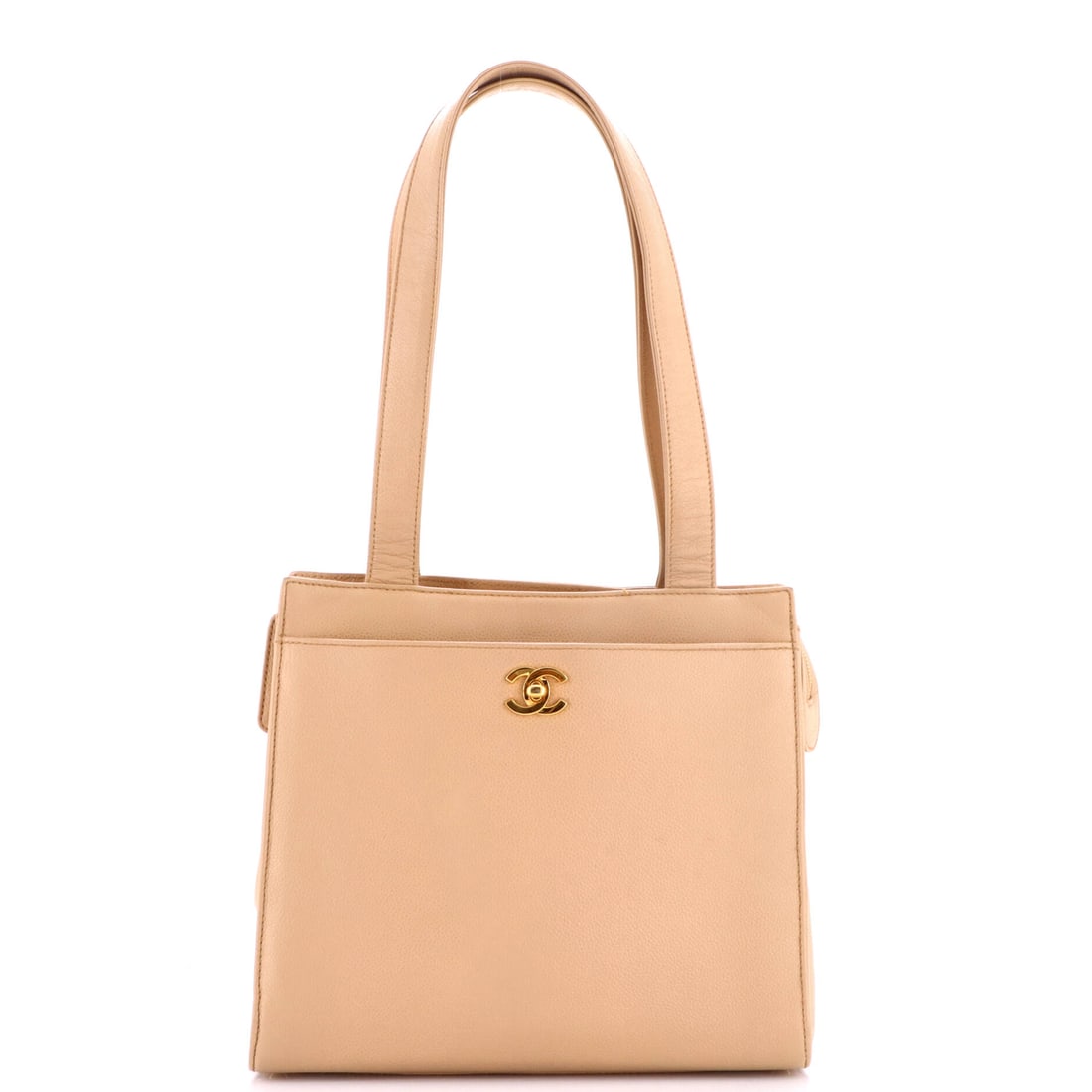 Chanel Vintage CC Lock Tote Caviar: Vintage CC Lock Tote in Caviar: an open-top body with a flat base and shoulder-length handles. It folds down for travel and opens back out without creasing badly. The body measures 11" x 10" x 3.5". C