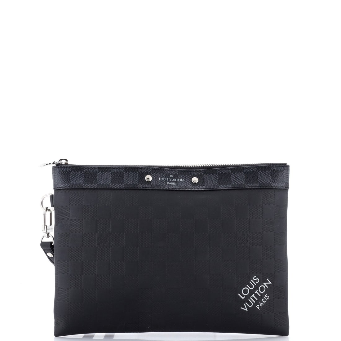 Louis Vuitton Pochette To Go Damier Infini Leather: Louis Vuitton's Pochette To Go, here in Damier Infini Leather, a compact zip pouch with a lined interior. Zip tape and the pull tab are the wear points on any pouch. The footprint is 11" across, 8.5" 