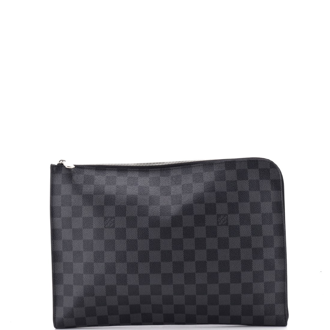 Louis Vuitton Zip Around Pochette Jour Damier Graphite: Louis Vuitton Zip Around Pochette Jour, Damier Graphite, a compact zip pouch with a lined interior. Zip tape and the pull tab are the wear points on any pouch. Scale is 13.5" W by 9.5" H by 1" D. Come
