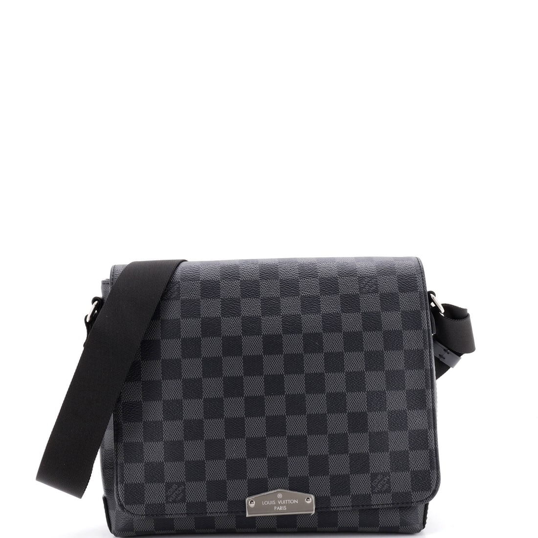 Louis Vuitton District NM Messenger Bag Damier Graphite: A Louis Vuitton District NM Messenger Bag in Damier Graphite - a flat body with an adjustable strap and a front flap. Flat construction keeps the load close to the body. Measurements come in at 10" x