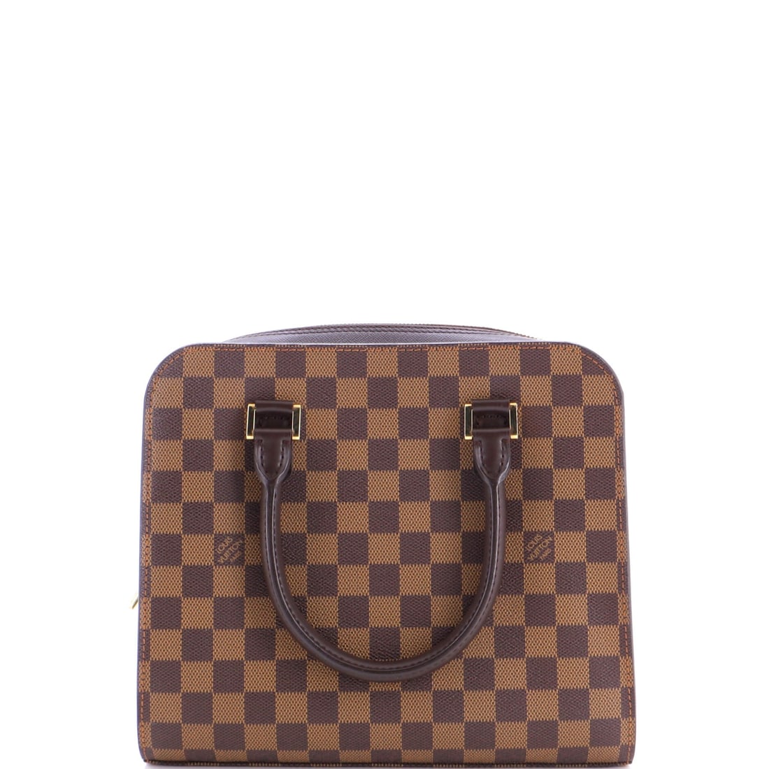 Louis Vuitton Triana Bag Damier: Louis Vuitton's Triana Bag arrives in Damier, a boxy handbag with a turn-lock flap. The rigid base gives it the posture of a much more expensive bag. Scale is 10.5" W by 9" H by 3" D. The grade here