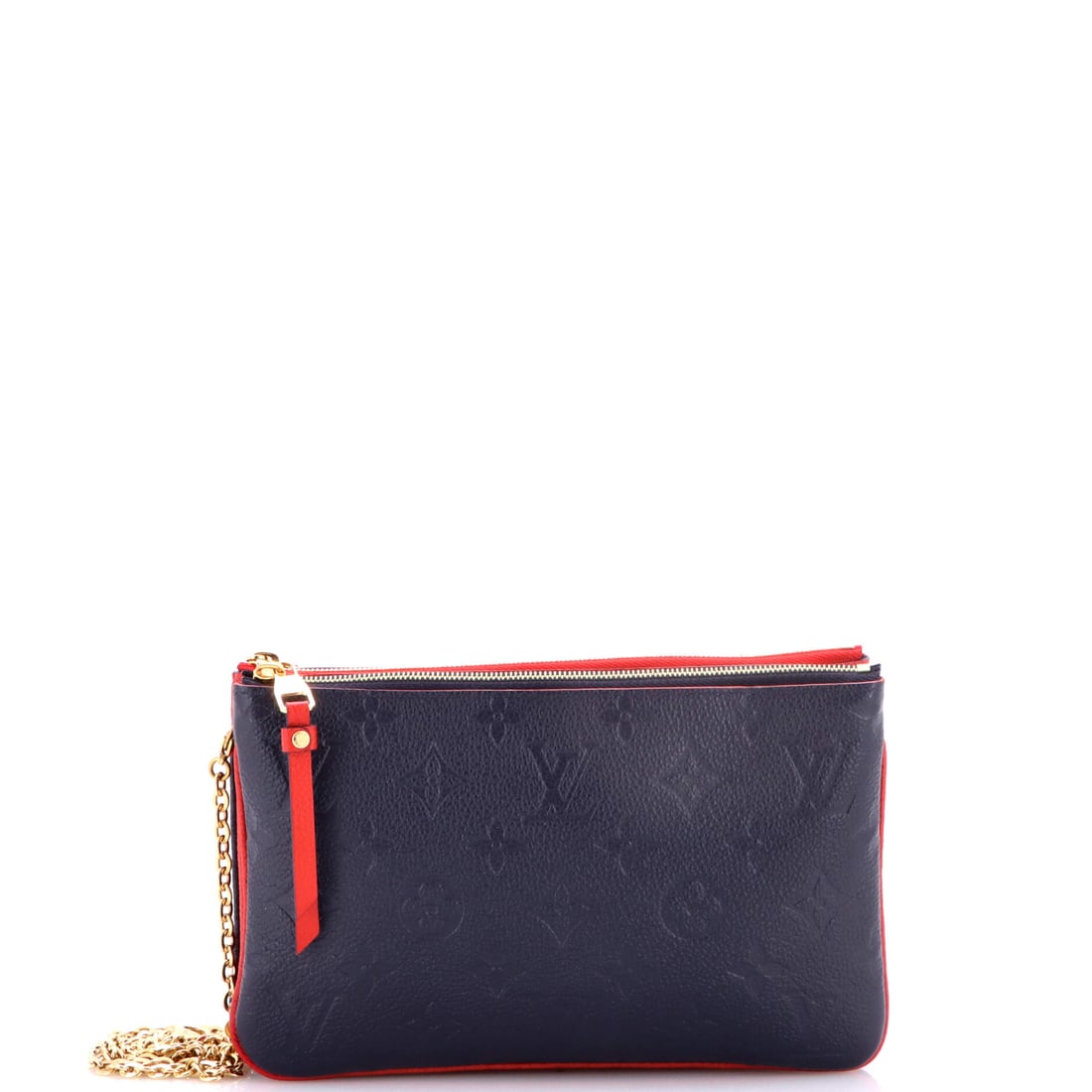 Louis Vuitton Double Zip Pochette Monogram Empreinte Leather: Louis Vuitton's Double Zip Pochette, here in Monogram Empreinte Leather, two stacked zip compartments on a chain strap. Dimensions run 8" W x 5" H x 1" D. It grades out to Grade B - Excellent. Maison 
