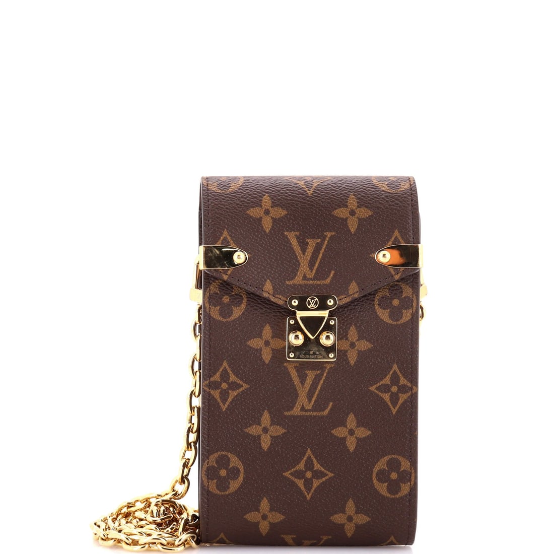 Louis Vuitton Metis Phone Pouch on Chain Monogram Canvas: The Metis Phone Pouch on Chain, Monogram Canvas, from Louis Vuitton - a slim phone pouch on a chain, with S-lock detailing. Chain strap keeps hands free without adding weight. Scale is 4" W by 7" H