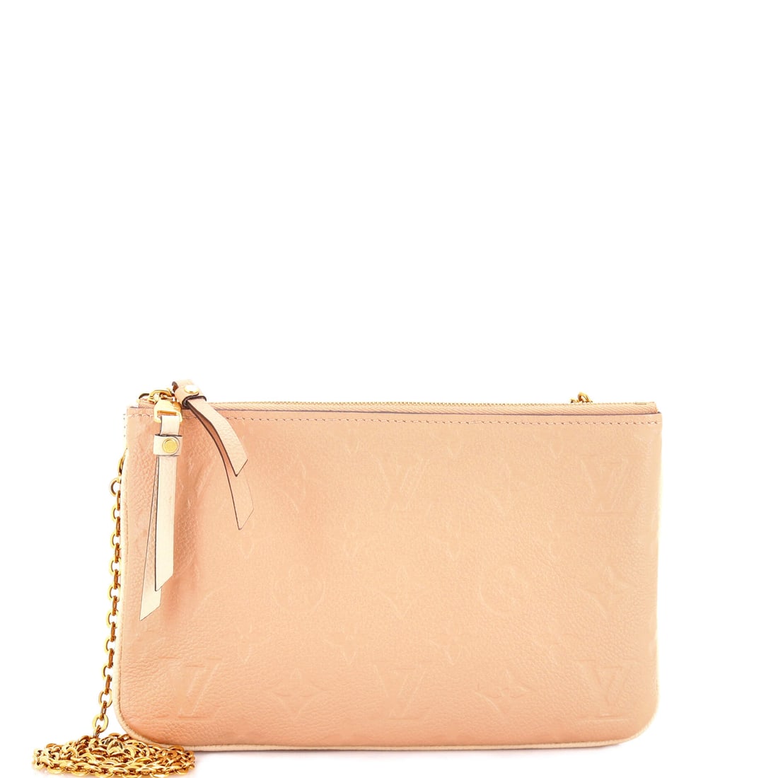 Louis Vuitton Double Zip Pochette Monogram Empreinte Leather: Louis Vuitton's Double Zip Pochette, here in Monogram Empreinte Leather, a twin-pouch crossbody with a card slot between. The double-pouch construction separates a phone from cards without a second