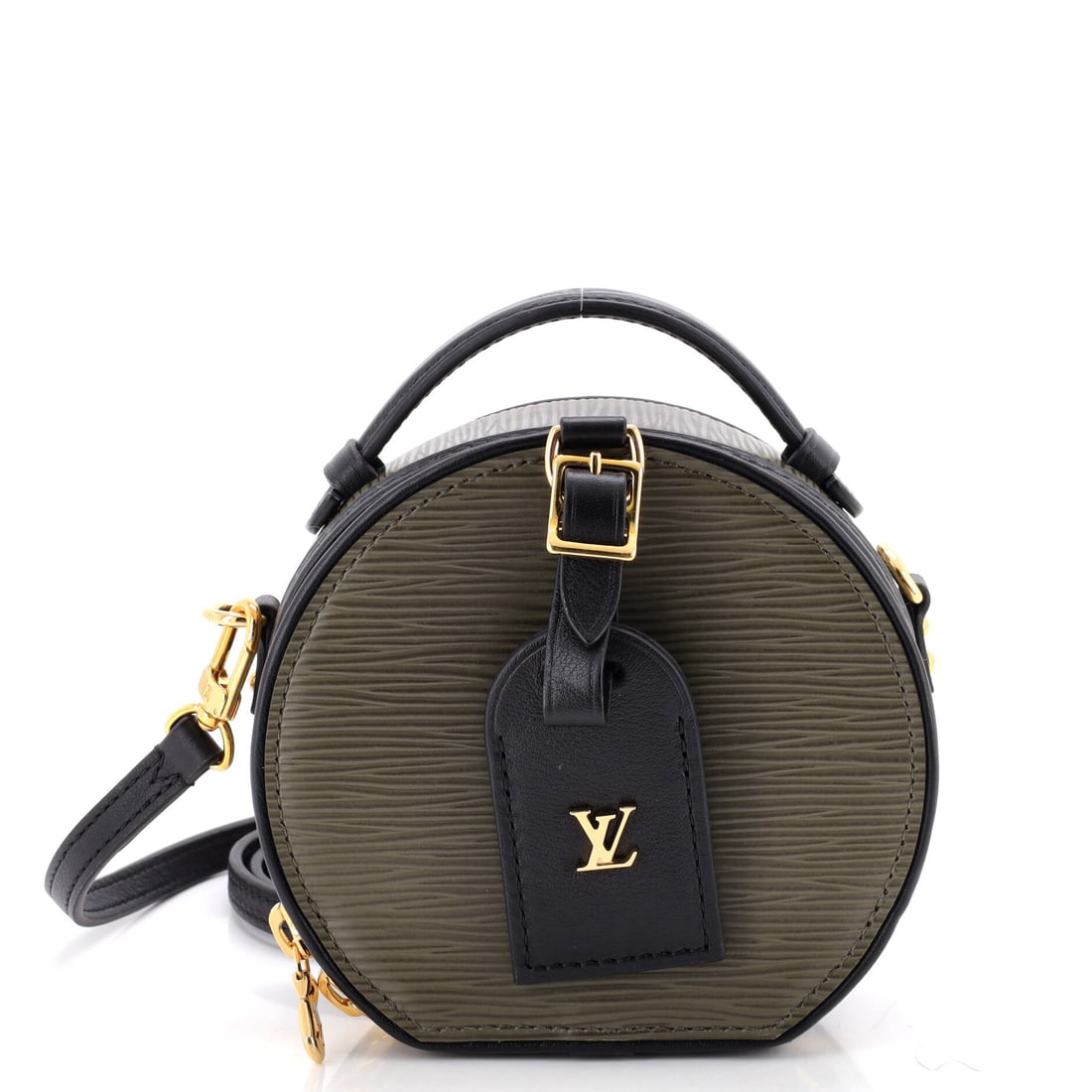Louis Vuitton Mini Boite Chapeau Bag Epi Leather: Louis Vuitton Mini Boite Chapeau Bag - Epi Leather, a round hat-box body with a chain-and-leather strap. Rigid construction means the circle stays a circle. The body measures 5" x 5" x 3". Offered in 