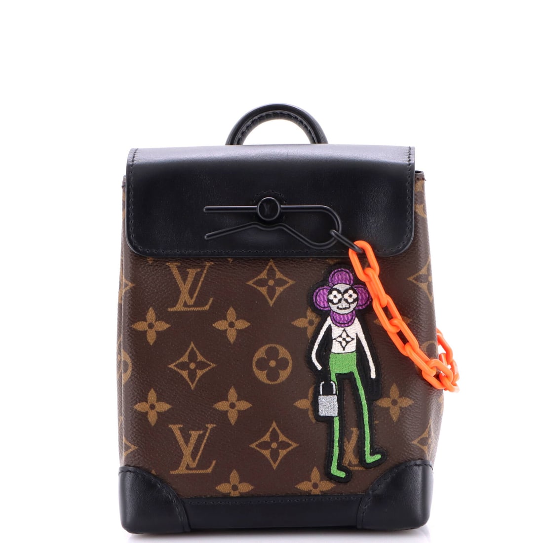 Louis Vuitton Steamer Bag Monogram Canvas with LV Friends Patch: This Steamer Bag comes in Monogram Canvas with LV Friends Patch, a structured bag on trunk lines with a top handle. Reinforced corners are what let this shape travel. The footprint is 6" across, 7" ta