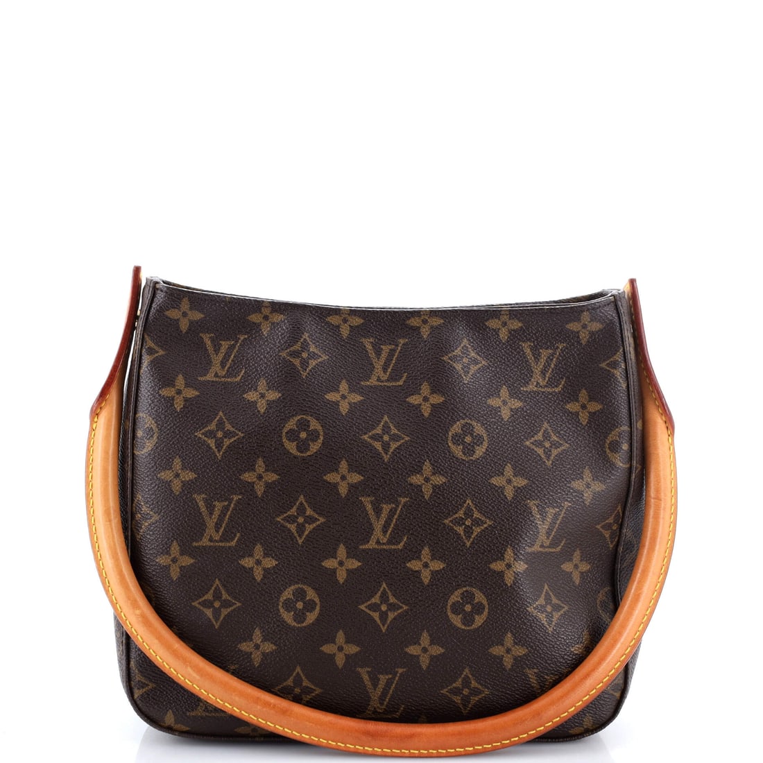 Louis Vuitton Looping Handbag Monogram Canvas: Louis Vuitton's Looping Handbag, here in Monogram Canvas, a curved shoulder shape with a top zip and a single rounded handle. The curved base is what keeps it sitting close under the arm. Proportions 