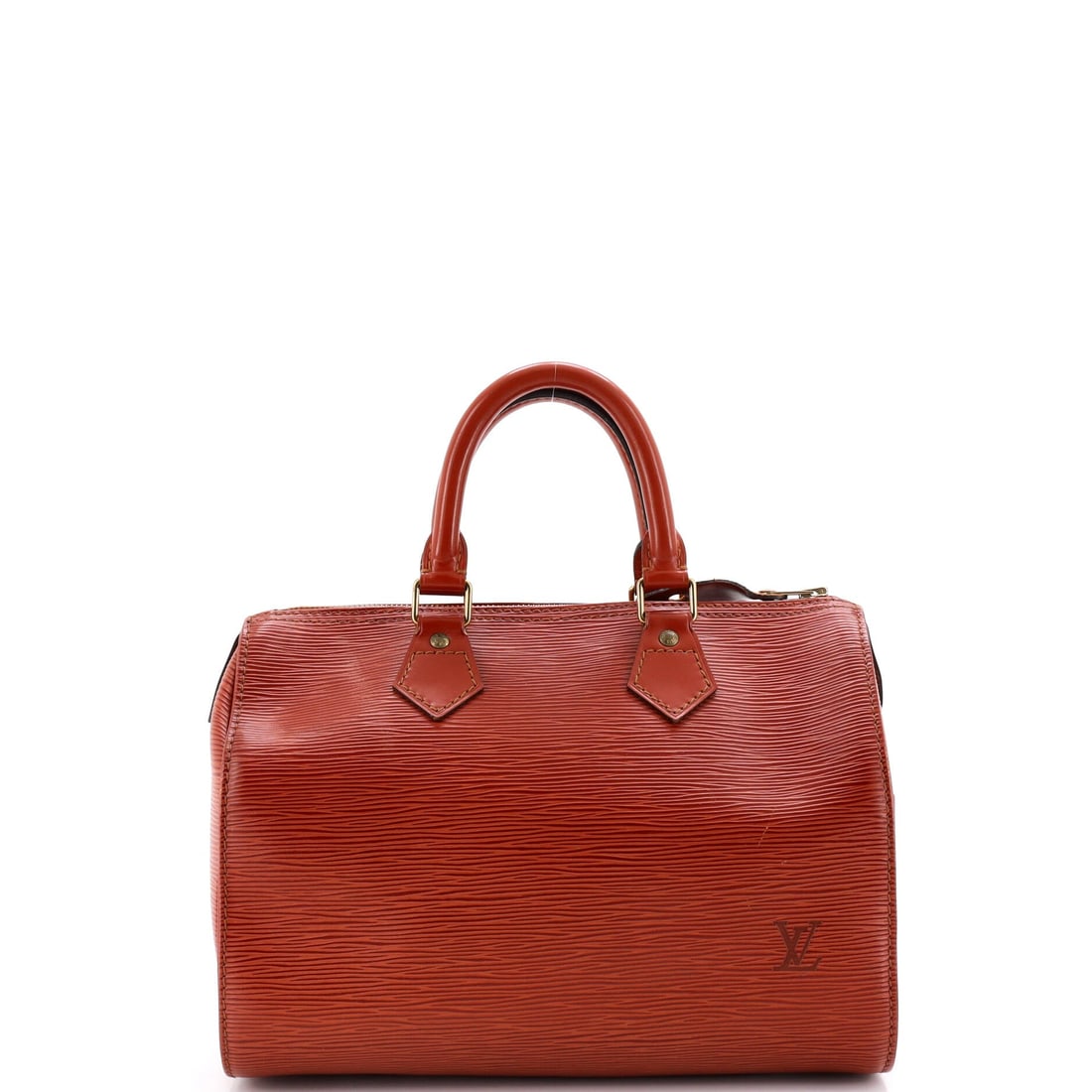 Louis Vuitton Speedy Handbag Epi Leather: Louis Vuitton Speedy Handbag in Epi Leather, the soft-sided barrel shape that collapses flat and springs back when filled. The Speedy is the entry Louis Vuitton silhouette for a reason: it holds more 