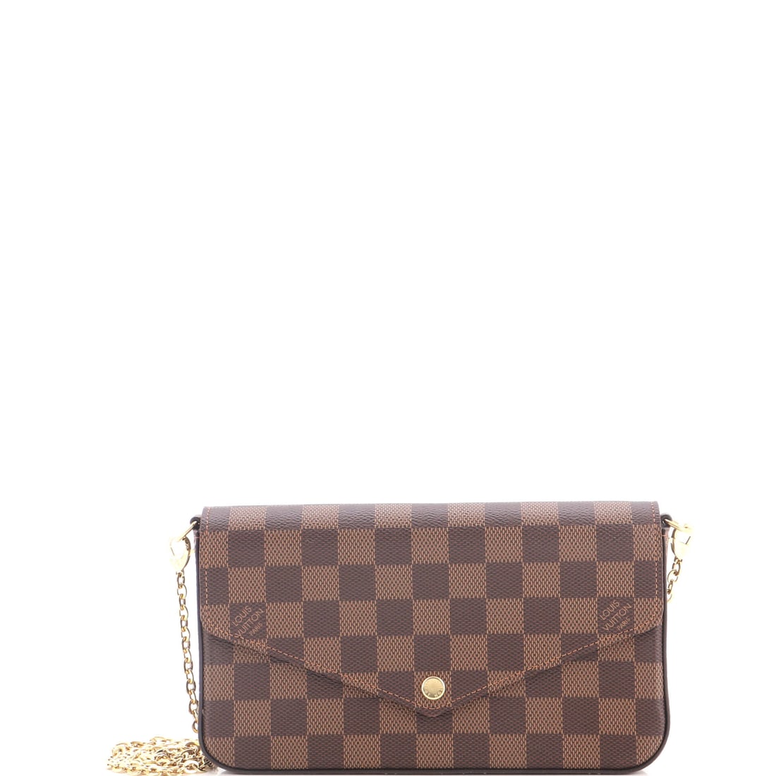 Louis Vuitton Felicie Pochette Damier: Felicie Pochette in Damier from Louis Vuitton, a slim envelope shape on a chain-and-leather strap. Interior inserts are frequently separated over time and are worth confirming. Dimensions run 8.5" W
