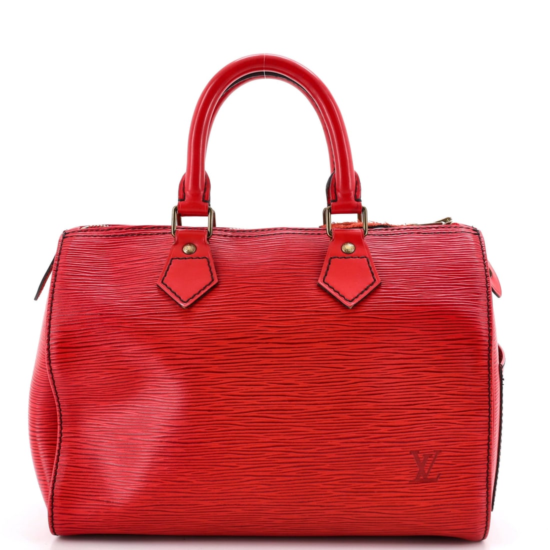Louis Vuitton Speedy Handbag Epi Leather: Speedy Handbag in Epi Leather: the double zip, the leather tab pulls and the barrel body. The shape has not changed materially in decades, which is why it dates so slowly. 11" wide, 8" high, 6" deep. 