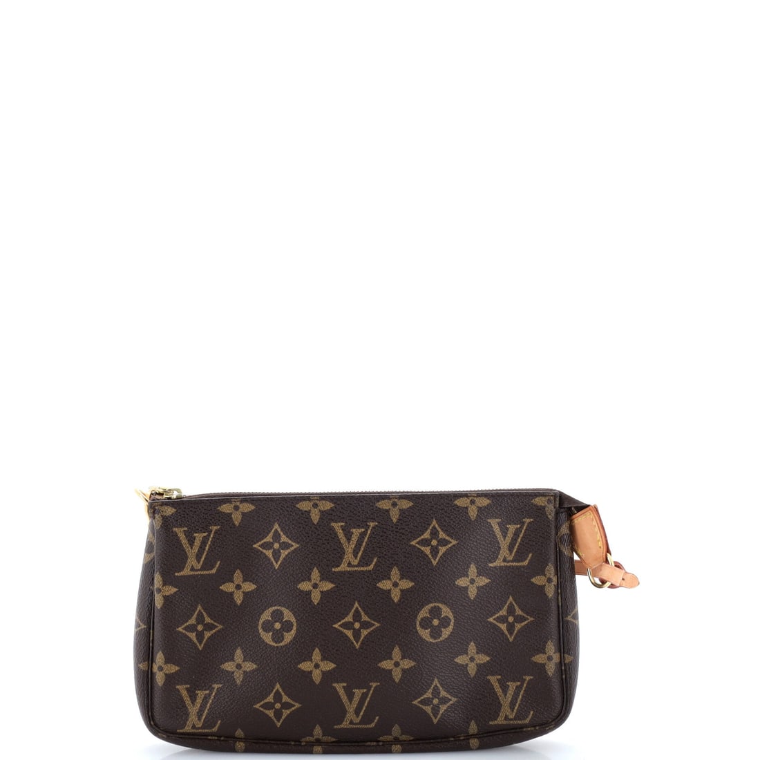 Louis Vuitton Pochette Accessoires Monogram Canvas: A Louis Vuitton Pochette Accessoires in Monogram Canvas - flat panels, a top zip and a detachable short strap. It is the smallest piece in the line that still reads as a bag rather than an accessory. 
