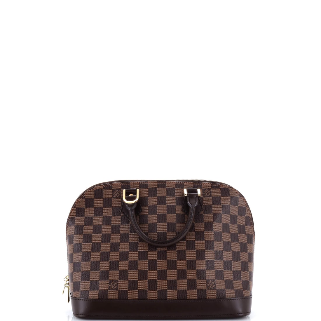 Louis Vuitton Vintage Alma Handbag Damier: A Damier Vintage Alma Handbag from Louis Vuitton, an earlier-production Alma with the dome top and side zips. The structured base means this shape stands on its own on a shelf, which is part of why it