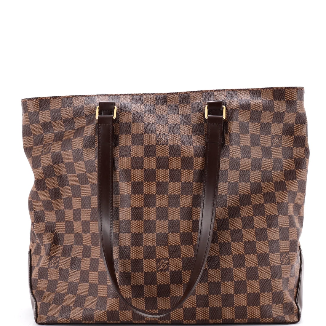 Louis Vuitton Cabas Mezzo Damier: This Cabas Mezzo comes in Damier, a generous open body with reinforced handle joins. The Damier weave hides handling marks that would show plainly on coated Monogram. The footprint is 14" across, 12.5