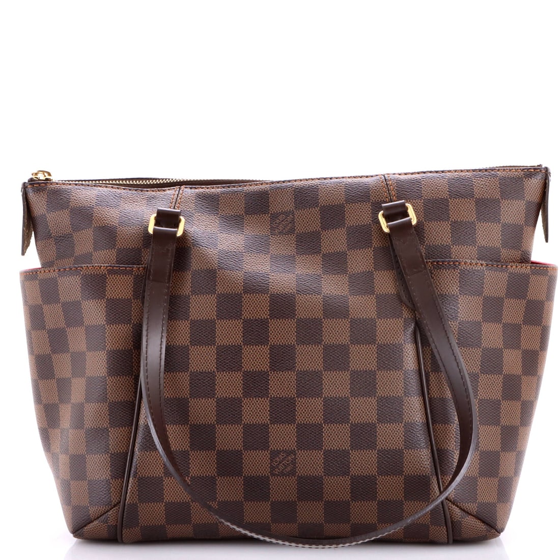 Louis Vuitton Totally Handbag Damier: Louis Vuitton's Totally Handbag, here in Damier, an unstructured tote body with a shallow base. The Totally is the softest of the Damier totes and it folds down for travel. Sized at 10" W, 10" H, 4.5"