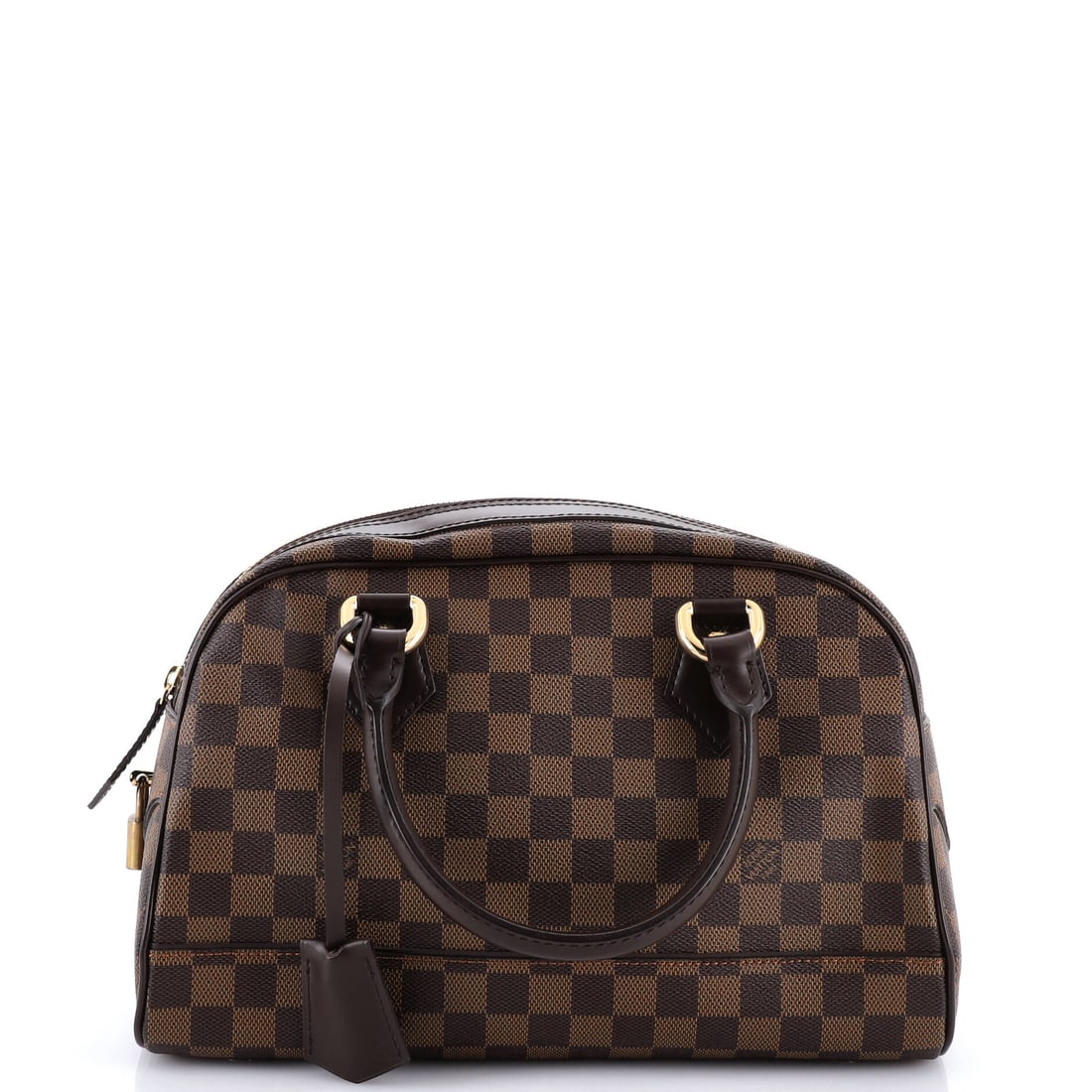 Louis Vuitton Duomo Boston Bag Damier: A Louis Vuitton Duomo Boston Bag in Damier - a structured barrel bag with a flat base. The Duomo has more structure than the Speedy, which is why it holds its shape under a full load. At 12" wide, 8" 