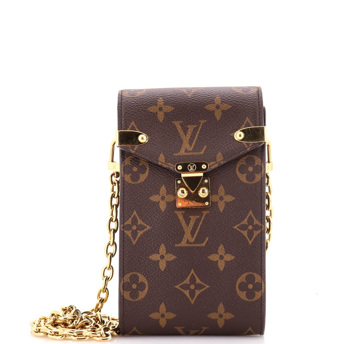 Louis Vuitton Metis Phone Pouch on Chain Monogram Canvas: Louis Vuitton Metis Phone Pouch on Chain, Monogram Canvas, a slim phone pouch on a chain, with S-lock detailing. Chain strap keeps hands free without adding weight. Dimensions run 4" W x 7" H x 1.5" D
