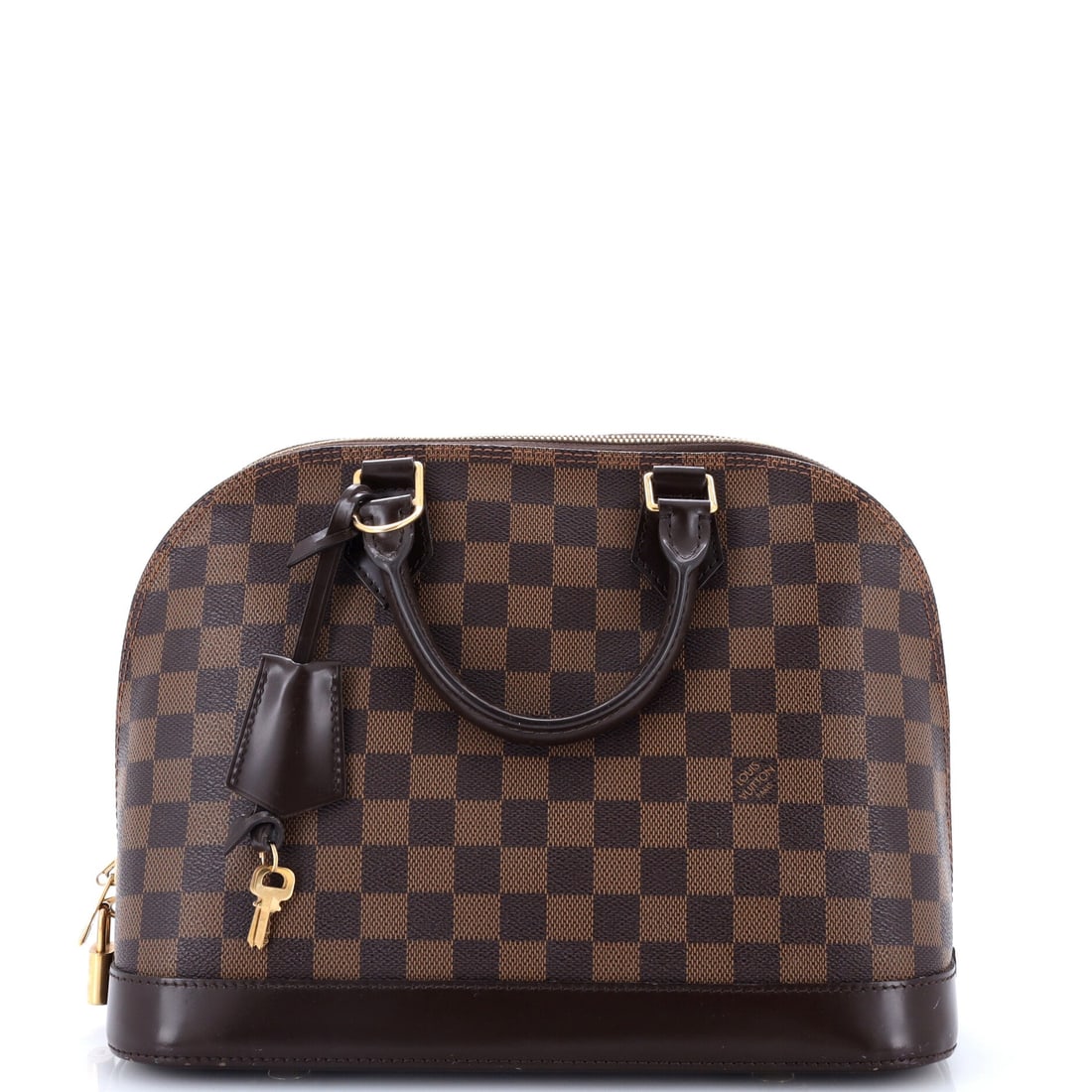 Louis Vuitton Alma Handbag Damier: Alma Handbag, Louis Vuitton, Damier - a hard-cornered body with the zip curving over the dome. Twin zips meeting at the top of the dome are the detail bidders check first, and they run cleanly here. A
