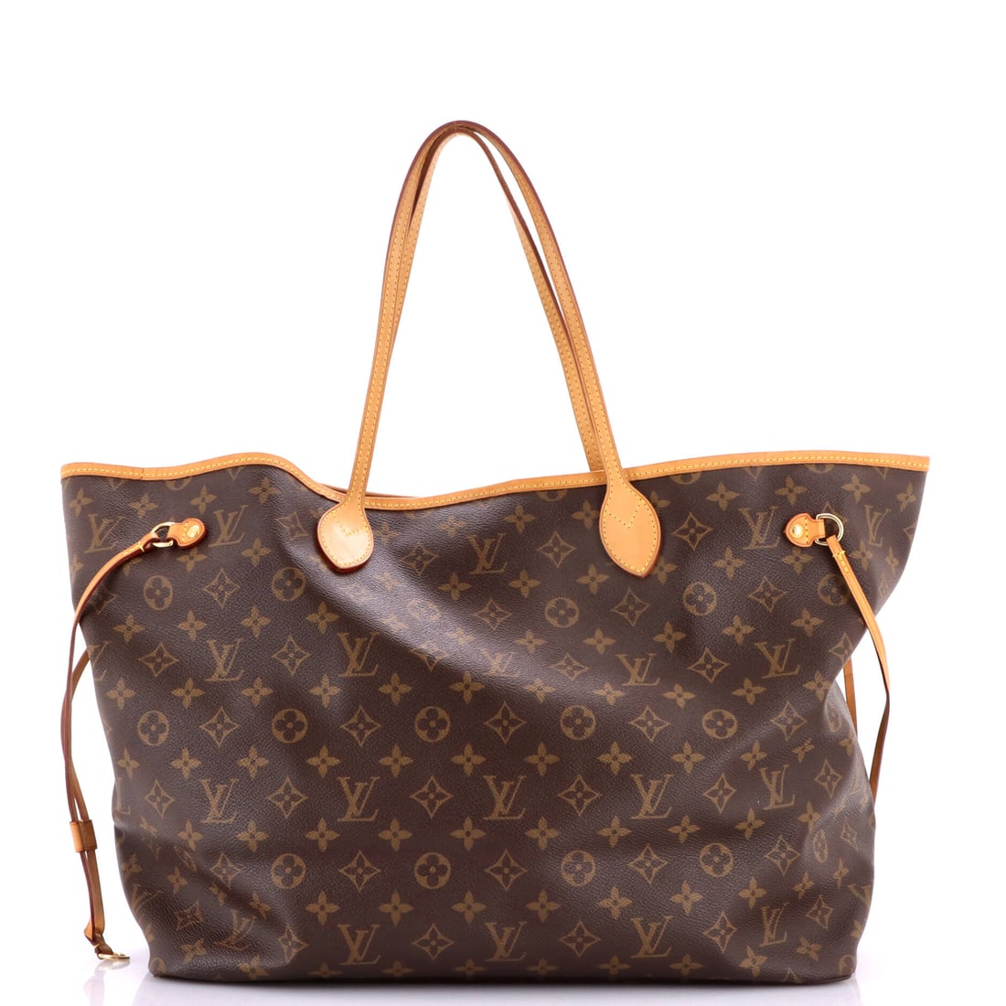 Louis Vuitton Neverfull Tote Monogram Canvas: Louis Vuitton Neverfull Tote, Monogram Canvas, a squared tote that widens at the top and laces in at the sides. Corners and handle bases are where a Neverfull shows its years. Overall dimensions are 1