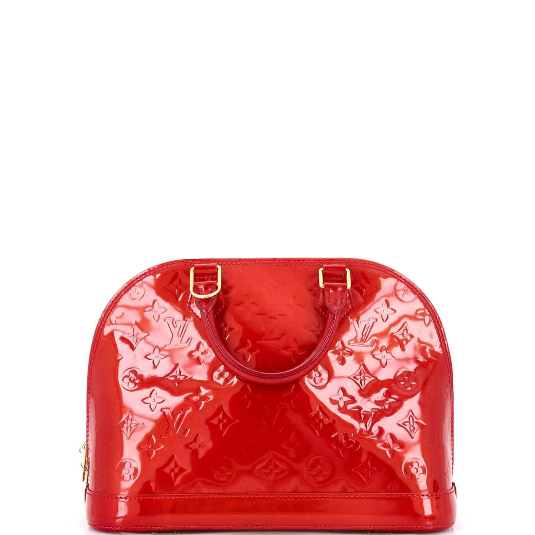 Louis Vuitton Alma Handbag Monogram Vernis: Louis Vuitton's Alma Handbag in Monogram Vernis - the shell profile that reads as a small trunk on the arm. Twin zips meeting at the top of the dome are the detail bidders check first, and they run cl