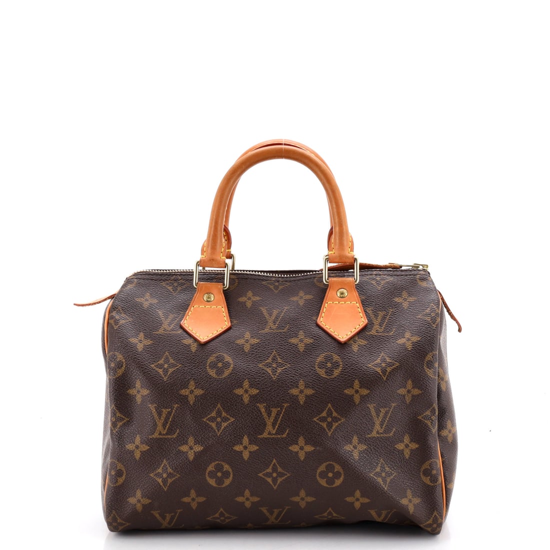Louis Vuitton Speedy Handbag Monogram Canvas: Louis Vuitton Speedy Handbag: Monogram Canvas, the soft-sided barrel shape that collapses flat and springs back when filled. Scale is 10" W by 8" H by 6" D. Reviewed and graded Grade C - Very Good.