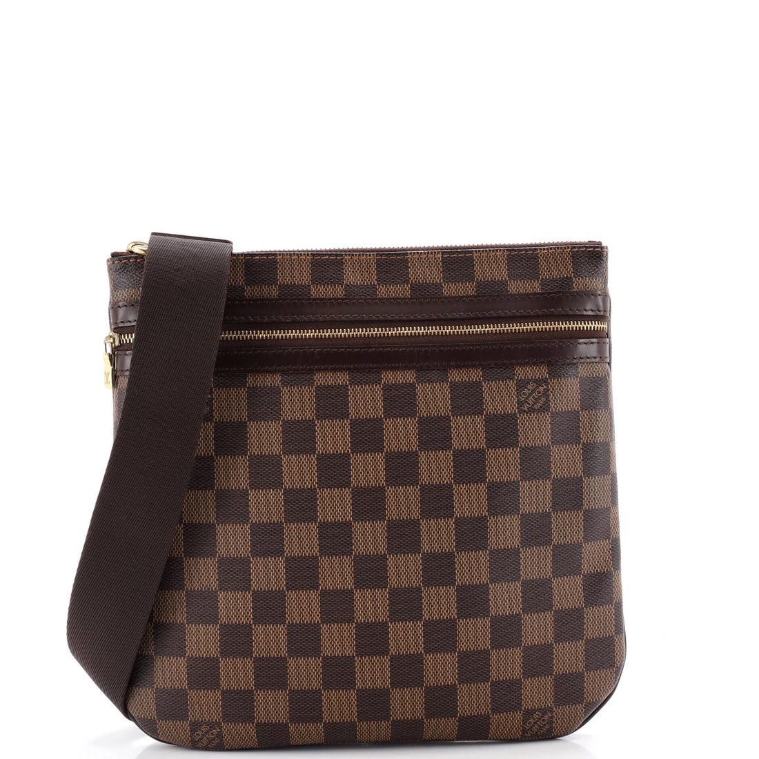 Louis Vuitton Bosphore Pochette Damier: Louis Vuitton Bosphore Pochette: Damier, a small flat crossbody with a front zip pocket. Bidders should note the scale: 10.5" x 10" x 1". Our graders put it at Grade C - Very Good. Maison de Beaubigon