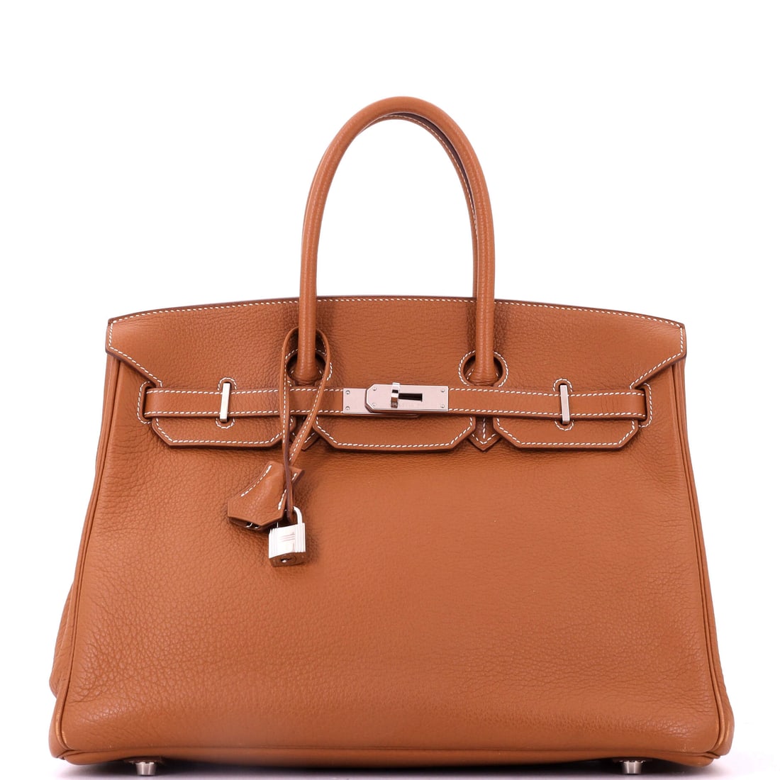 Hermes Birkin Handbag Brown Togo with Palladium Hardware: Carry-on adjacent at 13.5"W x 10"H x 7"D, the Birkin 35 is the one you take on a two-day trip with nothing else. Brown Togo with palladium takes that treatment and asks for nothing back. Graded Grade 