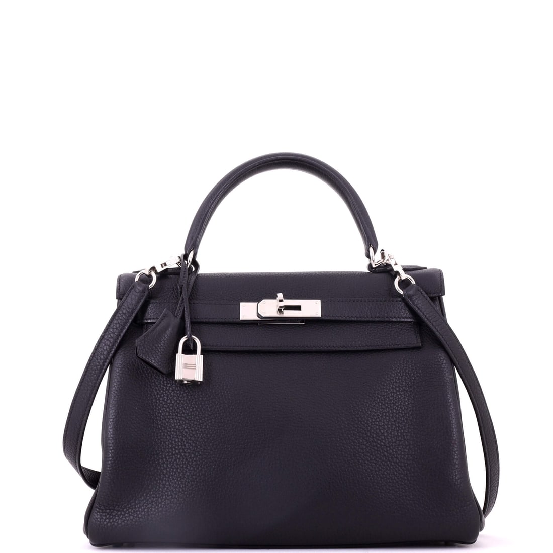 Hermes Kelly Handbag Black Togo with Palladium Hardware: Matte pebbling across black Togo is the least demanding surface a Kelly comes in - it hides what box calf would report. Palladium against black is cool, clean and hard to date. The Kelly 28 measures 1