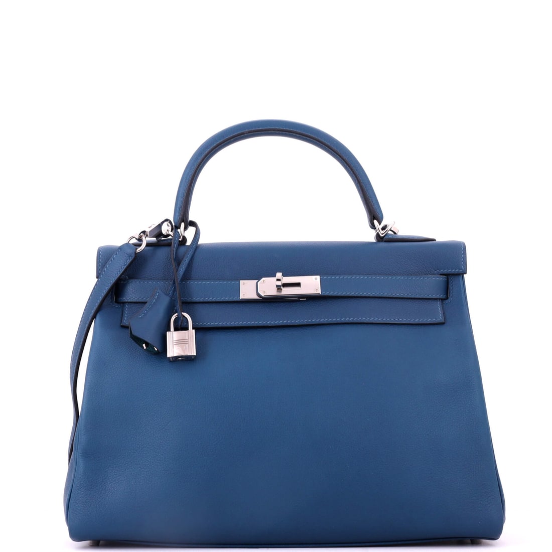 Hermes Kelly Handbag Verso Evercolor with Palladium Hardware: Clochette, keys and lock accompany this Kelly 32 in Evercolor, a Verso build with a contrast interior. Evercolor is smooth and matte, which lets the lining do the talking when the flap opens. The foot