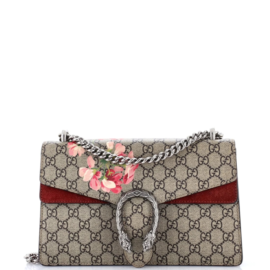 Gucci Dionysus Bag Blooms Print GG Coated Canvas Small: Blooms is Gucci's floral print at full volume, and on the Small Dionysus it covers a body measuring 10.5 by 8 by 4 inches - the deepest Dionysus in this catalogue. Four inches of base depth changes wh