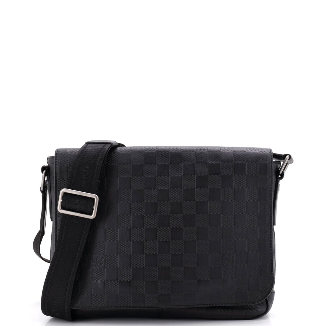 Louis Vuitton District Messenger Bag Damier Infini Leather PM: Damier Infini is the leather version of Vuitton's checkerboard, the pattern embossed into calfskin rather than printed on canvas, which gives it depth in raking light and nothing at all from across a 