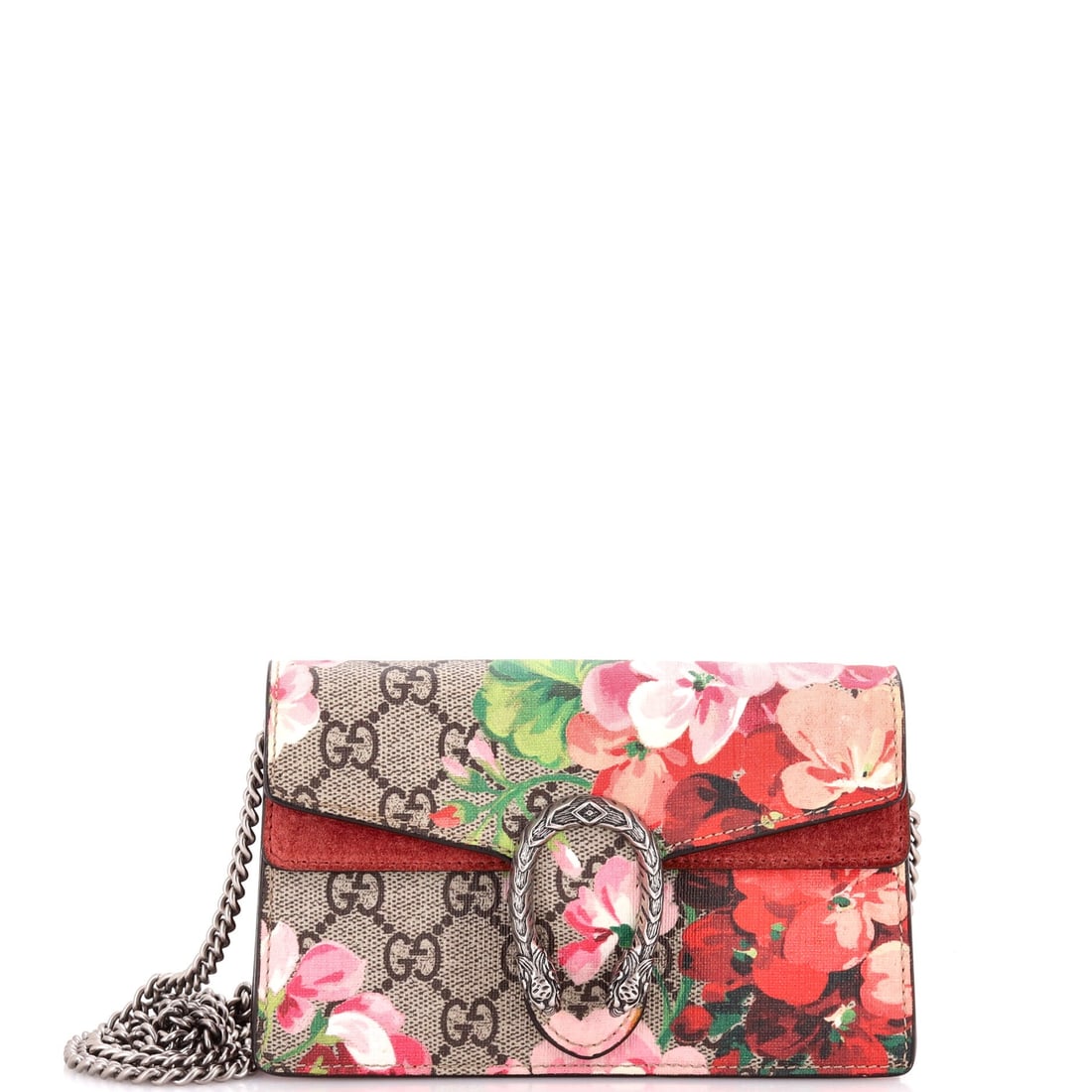 Gucci Dionysus Bag Blooms Print GG Coated Canvas Super Mini: Blooms print on a Super Mini is Gucci's floral at its most concentrated, the full pattern compressed onto a 6.5 by 4 by 2 inch panel where it reads as a painted surface rather than a repeat. At this s