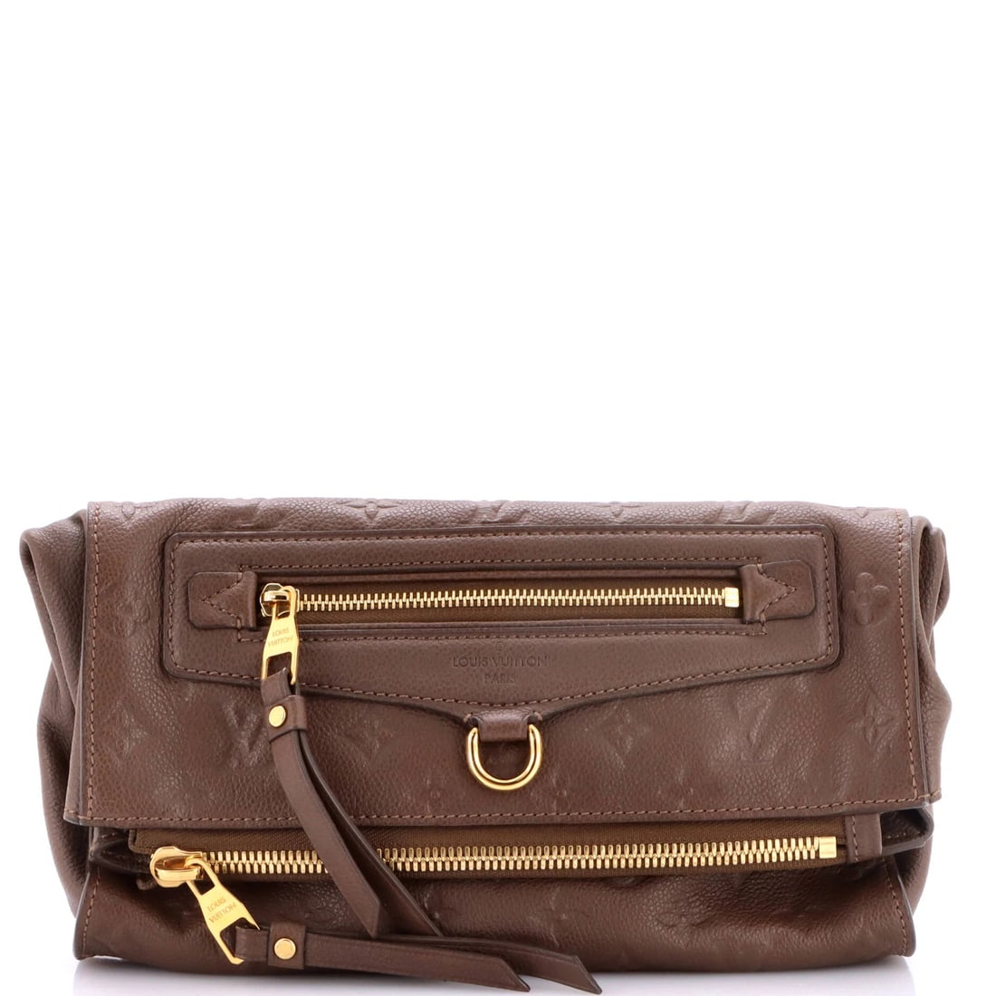 Louis Vuitton Petillante Clutch Monogram Empreinte Leather: Empreinte is Vuitton's calfskin embossed with the LV monogram, putting the house pattern into the leather itself rather than printing it on canvas - the same identification in a considerably more disc