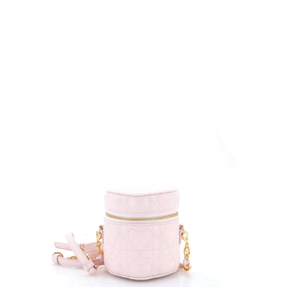 Christian Dior Lady Dior Vanity Case Heart Cannage Quilt Leather Micro: The Lady Dior Vanity Case in Micro is a small upright box, 3.5 by 4 by 4 inches, worked in a heart-shaped variation on cannage - Dior's signature diamond quilting, named after the cane chairs Christia