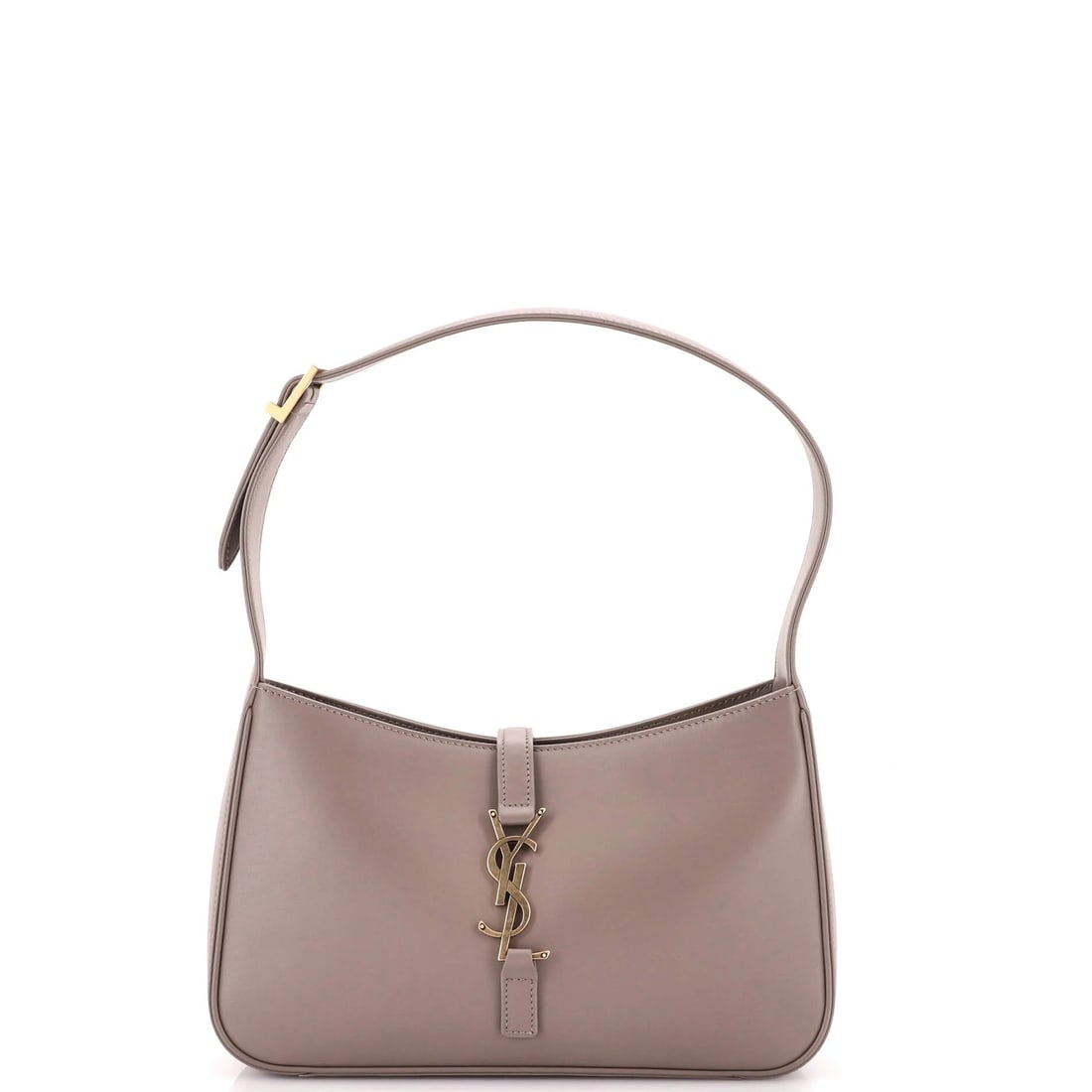 Saint Laurent Le 5 a 7 Hobo Leather Small: Leather is the Le 5 a 7 in its default form, and the Small at 10 by 6.5 by 2.5 inches is the size the shape was designed around. The crescent body tucks under the arm on a short strap, a carry positio