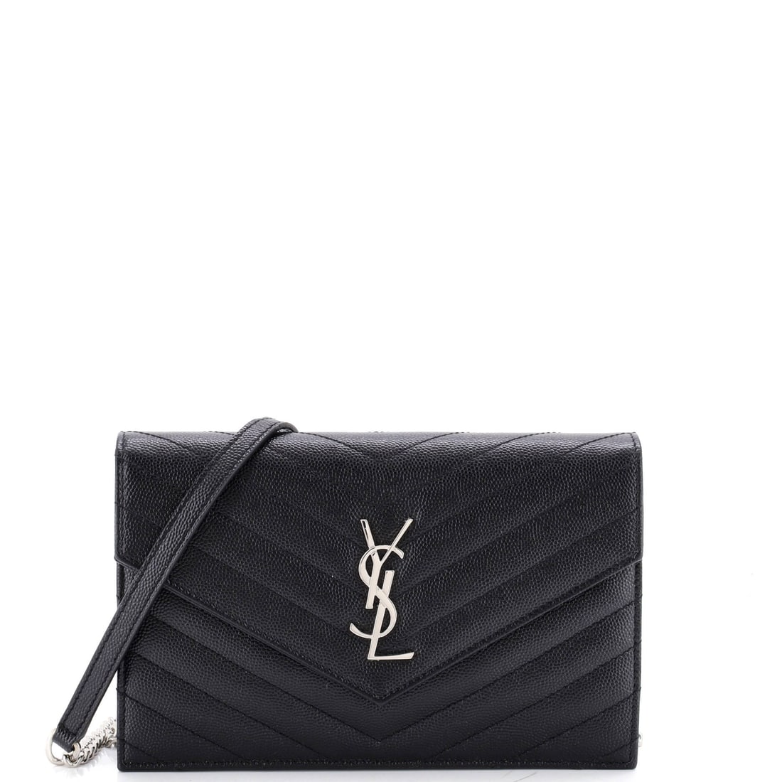 Saint Laurent Classic Monogram Wallet on Chain Matelasse Chevron Leather Small: The Classic Monogram Wallet on Chain has introduced more people to Saint Laurent than any other piece, and the matelasse chevron version is the one that reads as a bag rather than as a wallet. It meas