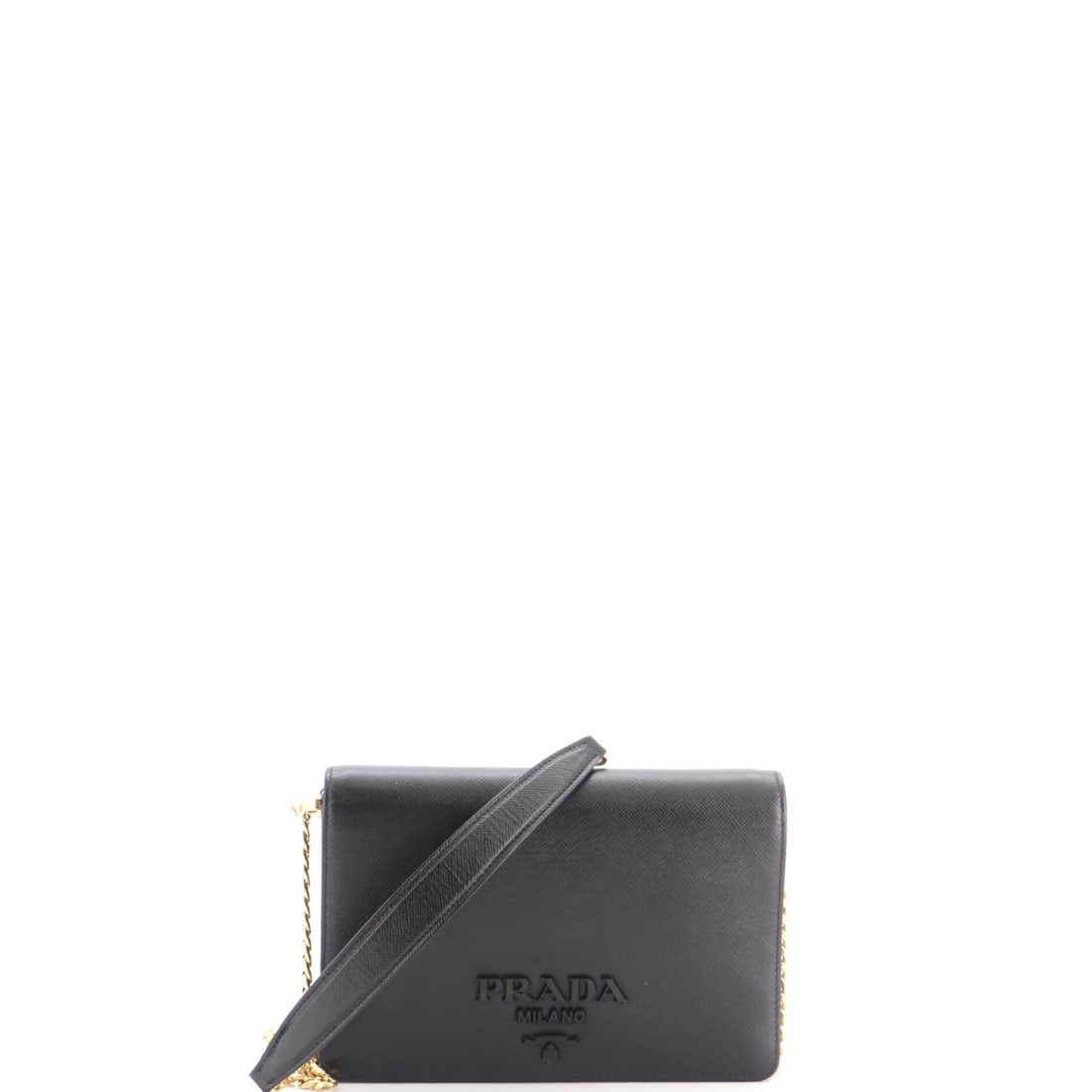Prada Monochrome Wallet on Chain Saffiano Leather Mini: Monochrome is Prada's tonal treatment, where the hardware is finished to match the leather so the triangle logo reads as relief rather than as metal. On this Mini Wallet on Chain the effect lands on s