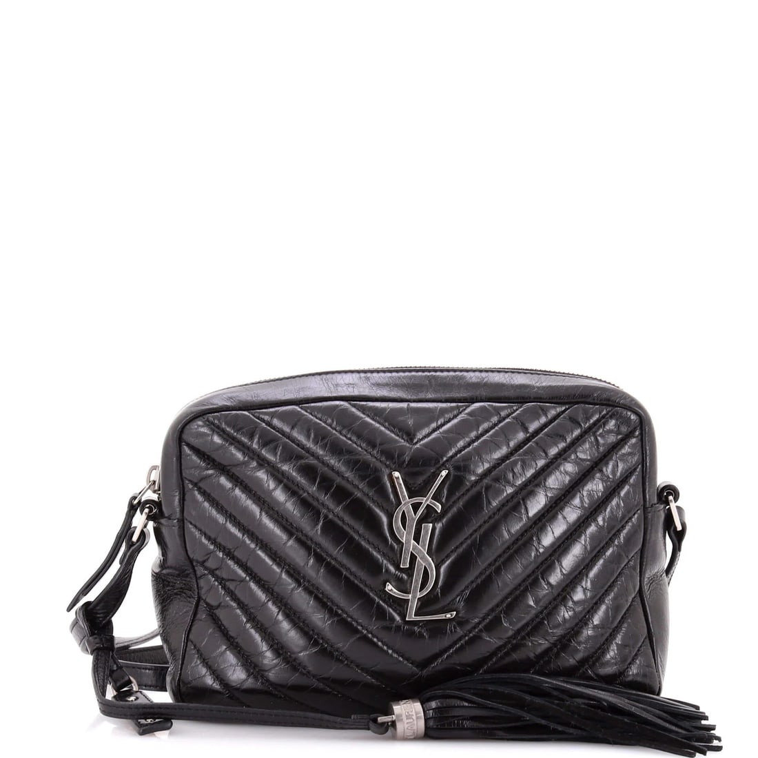 Saint Laurent Lou Camera Bag Matelasse Chevron Leather Small: Small is the largest Lou Camera Bag in this catalogue, and at 8.5 by 6.5 by 2.5 inches it is the version that functions as a primary bag rather than as a supplement. Matelasse chevron quilting covers 