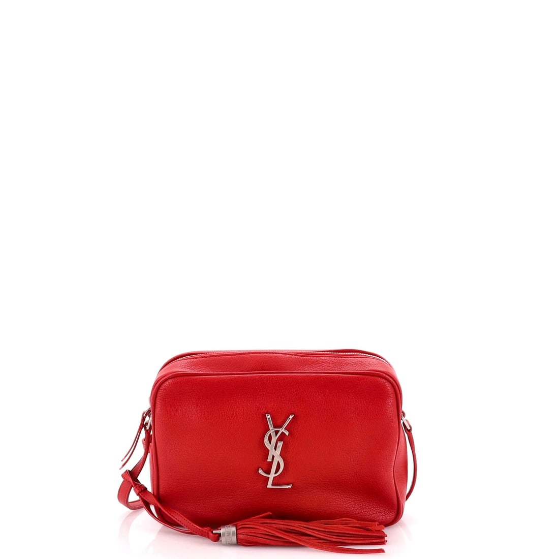 Saint Laurent Lou Camera Bag Leather Small: Without quilting, the Lou Camera Bag becomes a study in plain leather and proportion: 9 by 6 by 2.5 inches, a clean rectangle with the monogram plaque and nothing else on the front. Smooth leather sho
