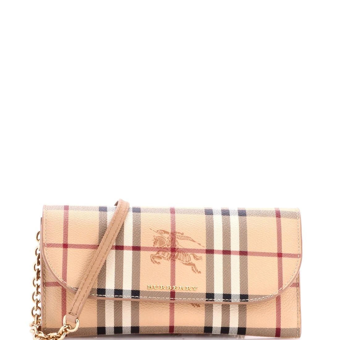 Burberry Henley Wallet on Chain Haymarket Coated Canvas: Haymarket is the Burberry check rendered in coated canvas, named for the London street where the house kept its flagship, and it is the most immediately British pattern in this catalogue. The Henley W