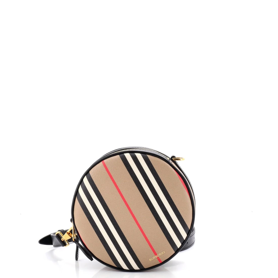 Burberry Louise Round Bag Icon Stripe E-Canvas: Round bags are a commitment, and the Louise makes it in Burberry's Icon Stripe, the beige, black, white and red banding the house lifted from its own trench coat linings. The circle measures 7 inches 