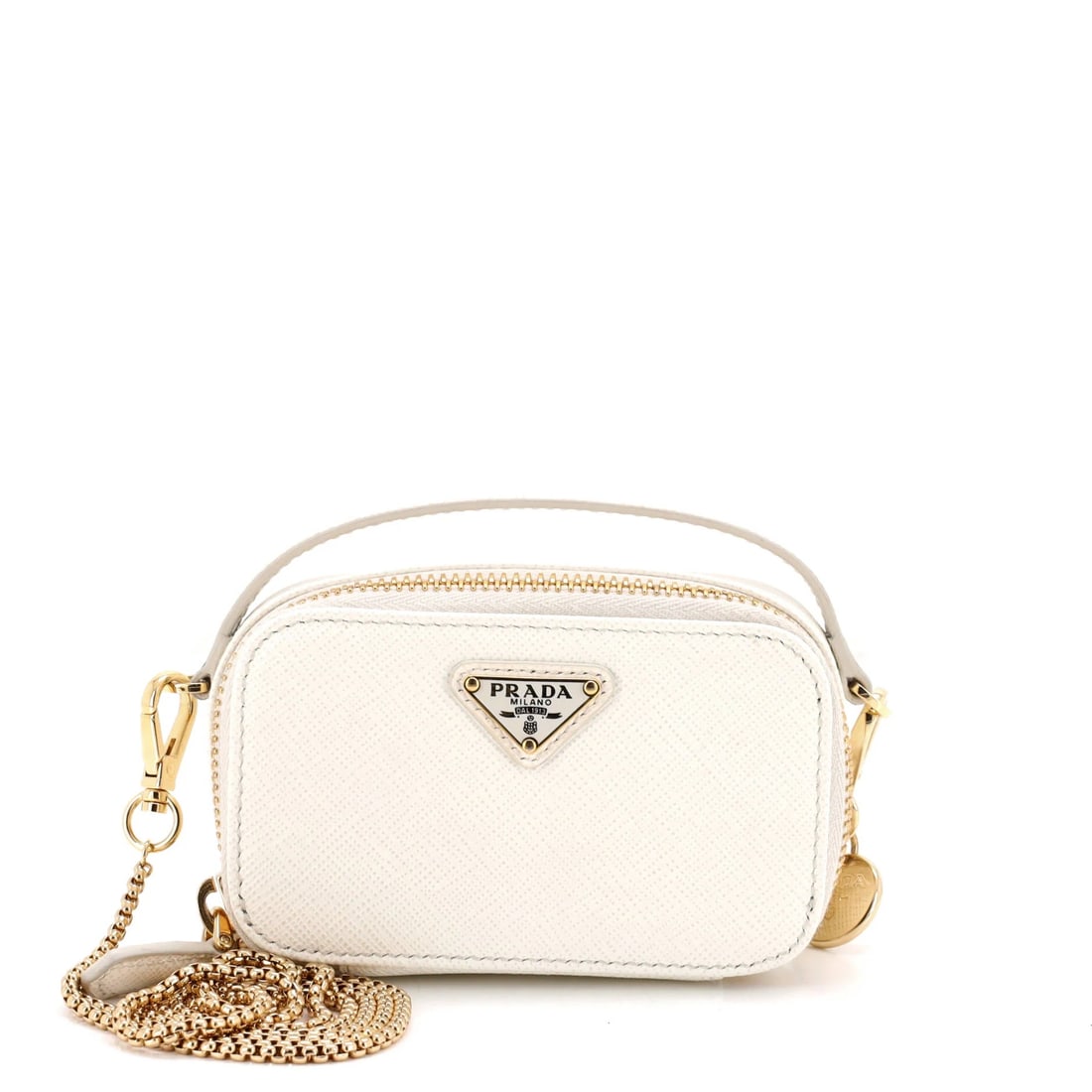 Prada Triangle Logo Top Handle Pouch Crossbody Bag Saffiano Leather Mini: At 4.5 by 2.5 by 1.5 inches this is one of the smallest objects in the catalogue, a Prada pouch with a top handle and a crossbody strap and room for very little beyond cards and a key. Saffiano - the 